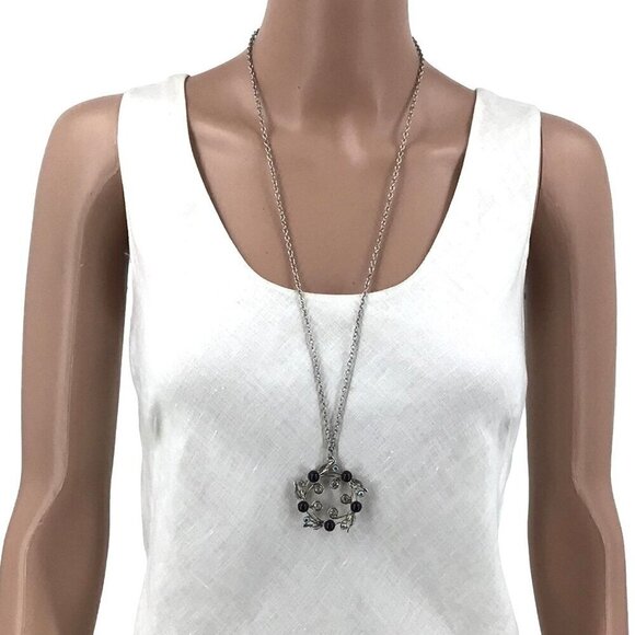 Wreath Pendant Necklace Black Beaded AB Crystal 29 Inch Length - Picture 2 of 2